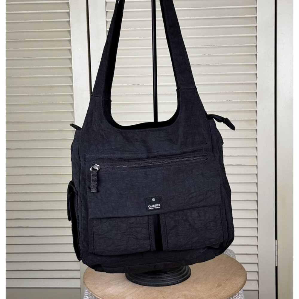 Classics New York Y2K Black Nylon Utility Hobo Shoulder‎ Bag Multi Pocket Purse